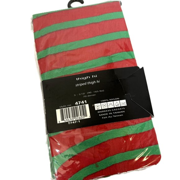* Music Legs Thigh High Christmas Elf  Red Green Stripe Stockings NWT NOS - Picture 2 of 6